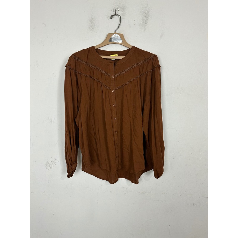 Old Navy Womens Brown LS Poet Blouse Crochet Lace Trim Top Night Owl Large